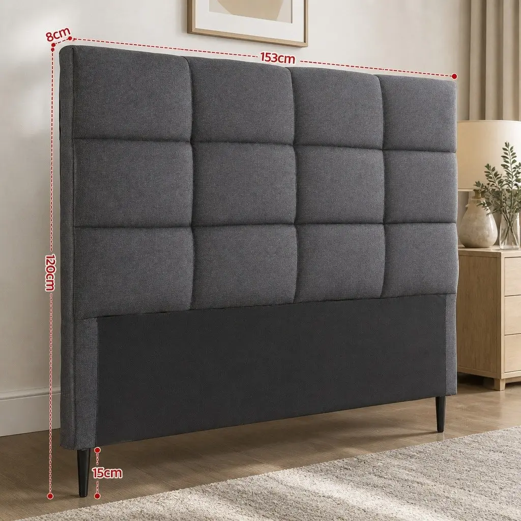Queen Bed Headboard Linen Fabric Grid Tufted Pattern Charcoal Bedroom