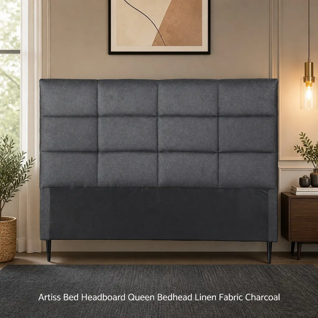 Queen Bed Headboard Linen Fabric Grid Tufted Pattern Charcoal Bedroom
