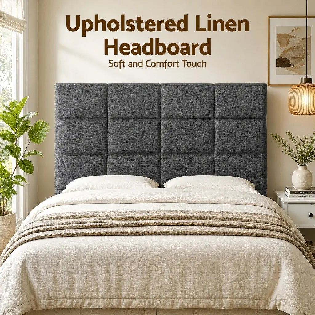Queen Bed Headboard Linen Fabric Grid Tufted Pattern Charcoal Bedroom