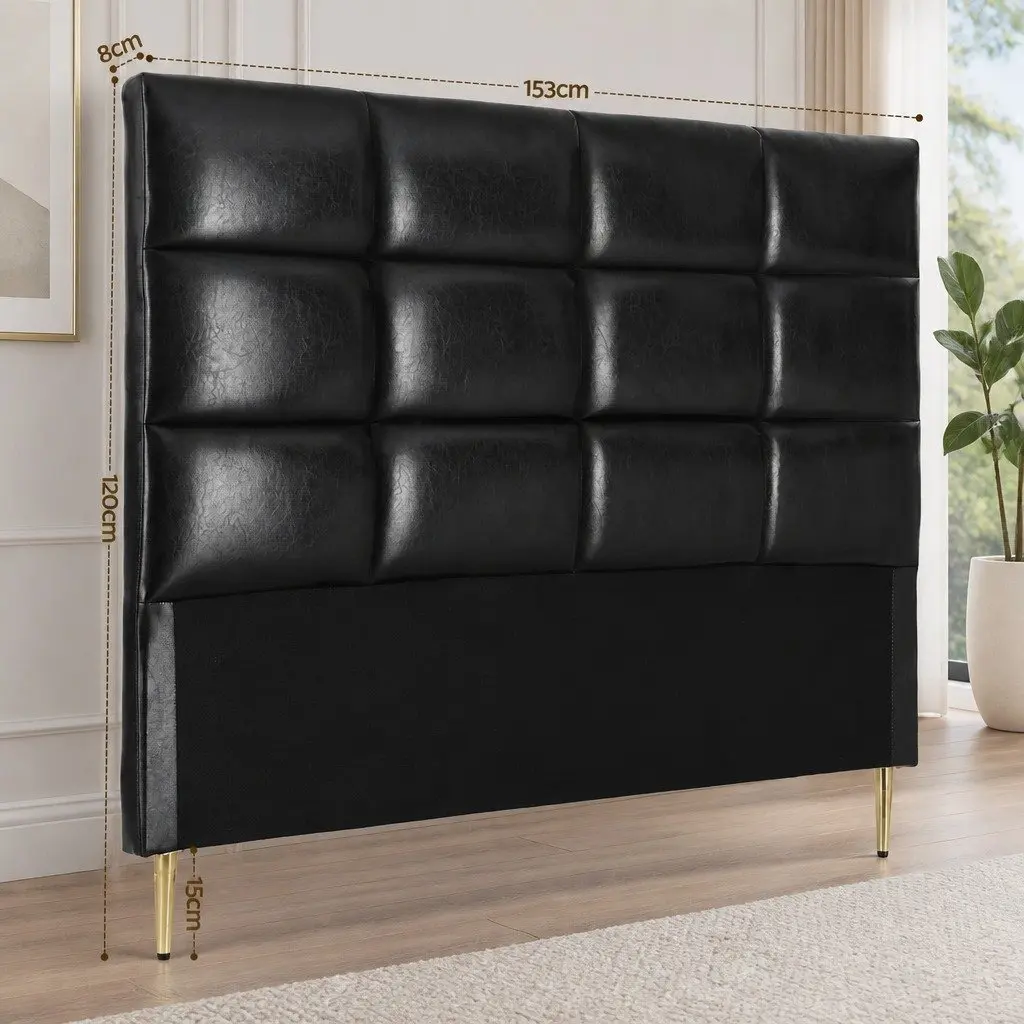 Queen Bed Headboard Black PU Leather Grid Tufted Padded Bedroom Headrest
