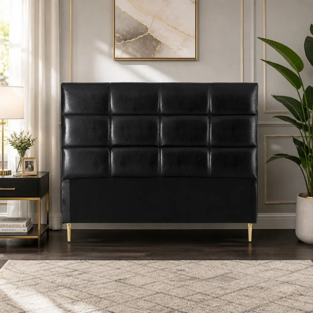 Queen Bed Headboard Black PU Leather Grid Tufted Padded Bedroom Headrest