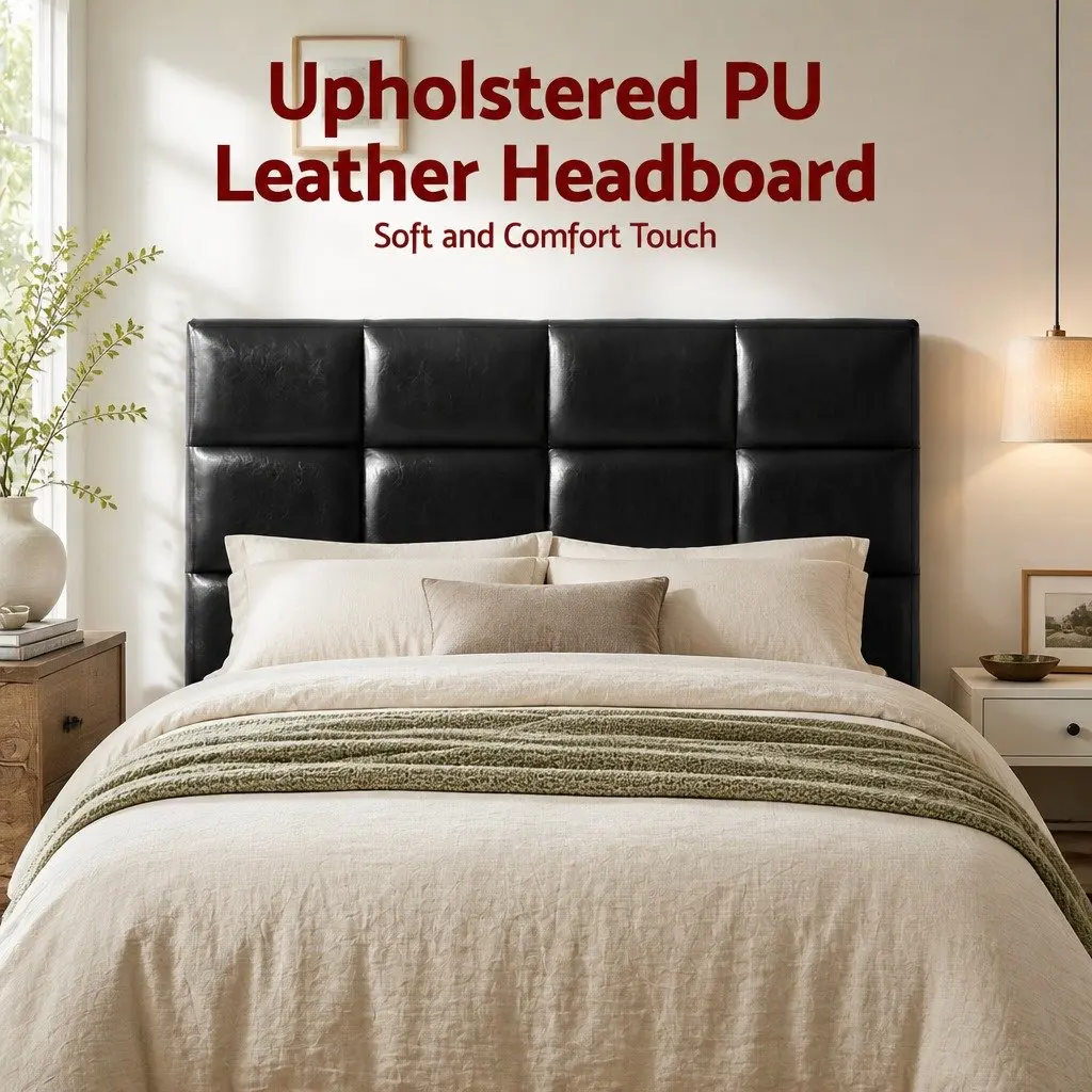 Queen Bed Headboard Black PU Leather Grid Tufted Padded Bedroom Headrest