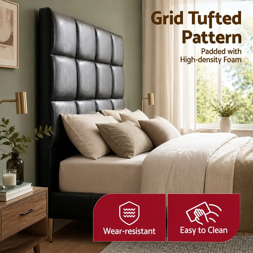 Queen Bed Headboard Black PU Leather Grid Tufted Padded Bedroom Headrest