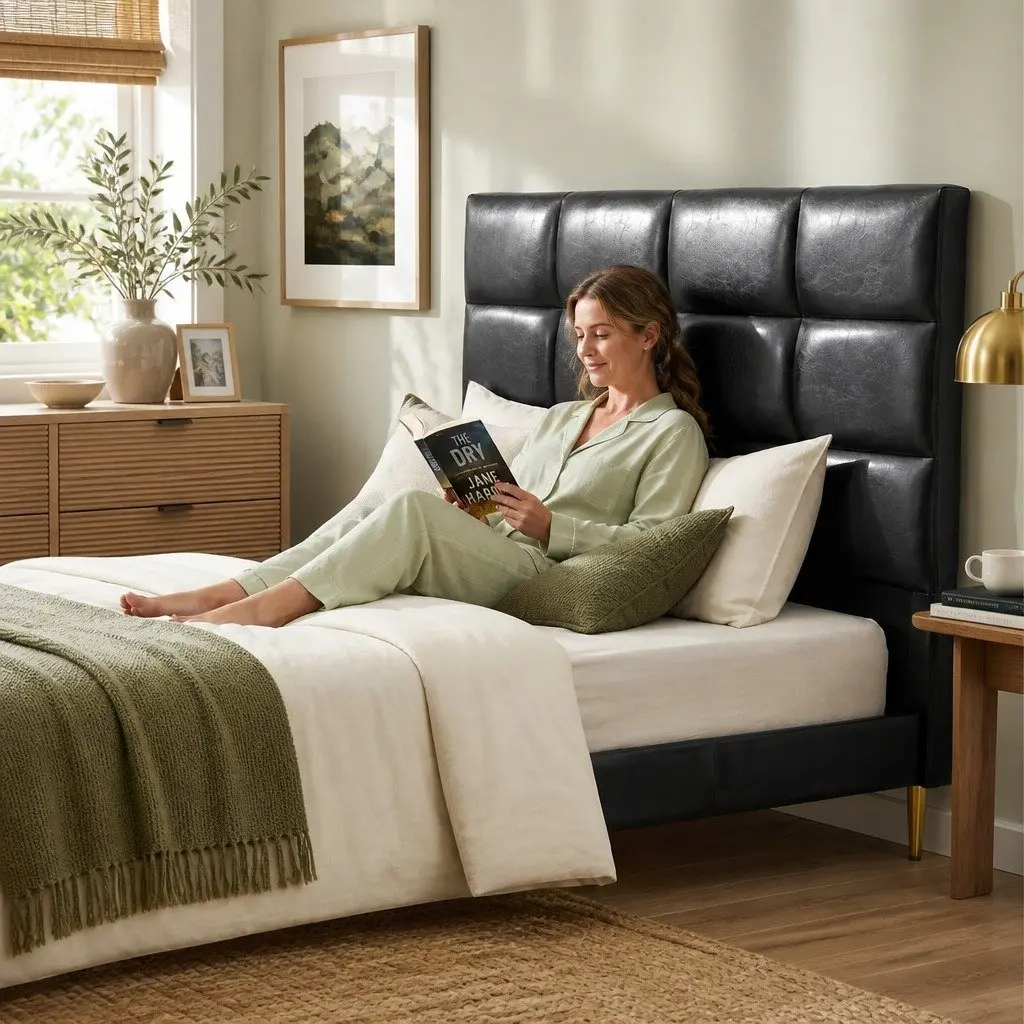 Queen Bed Headboard Black PU Leather Grid Tufted Padded Bedroom Headrest