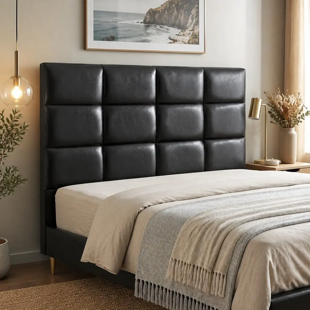Queen Bed Headboard Black PU Leather Grid Tufted Padded Bedroom Headrest