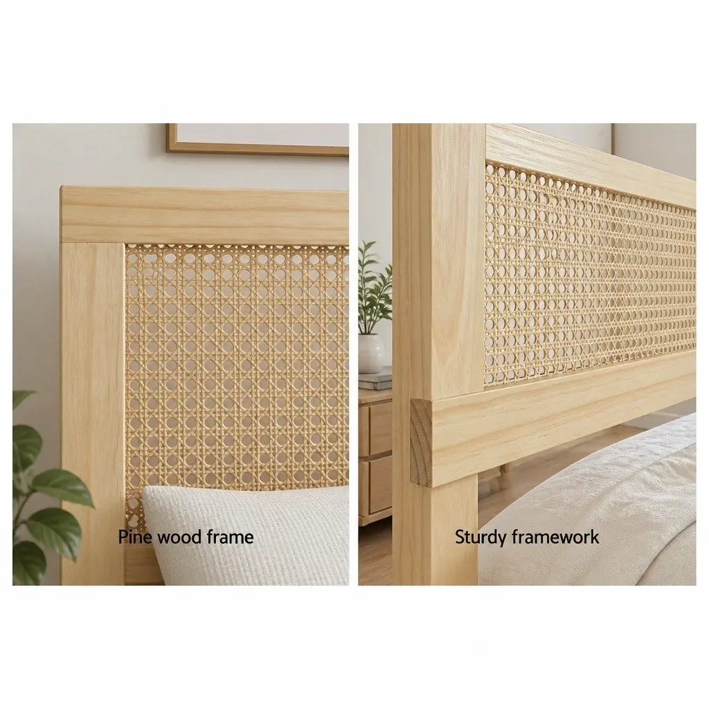 Double Bed Head Headboard Rattan Pine Natural Rustic Boho Bedroom Furniture