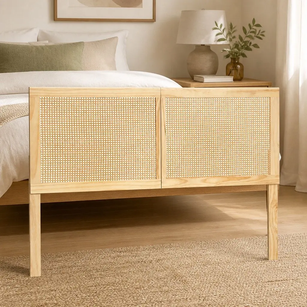 Double Bed Head Headboard Rattan Pine Natural Rustic Boho Bedroom Furniture