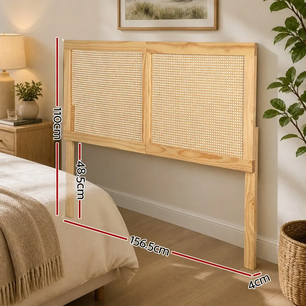 Queen Bed Headboard Rattan Pine Natural Rustic Boho Style Easy Assembly