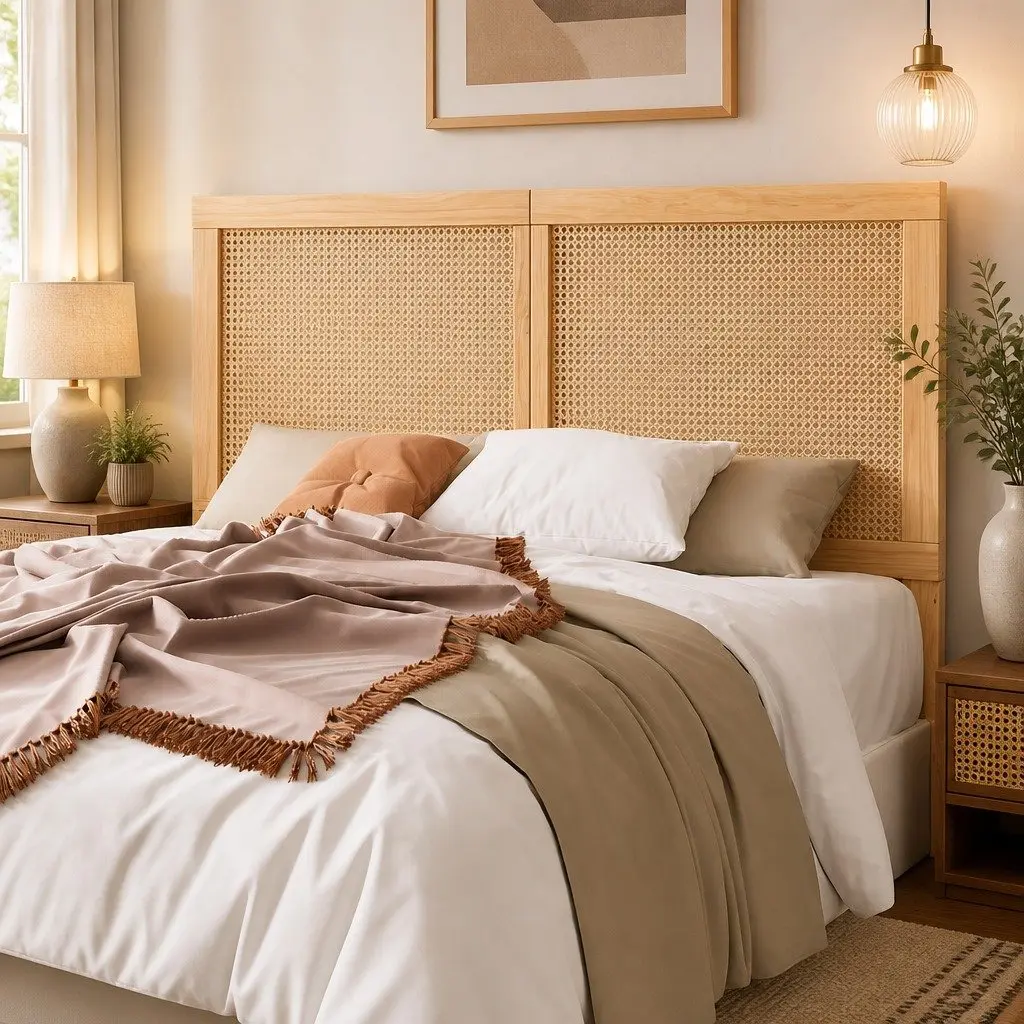 Queen Bed Headboard Rattan Pine Natural Rustic Boho Style Easy Assembly