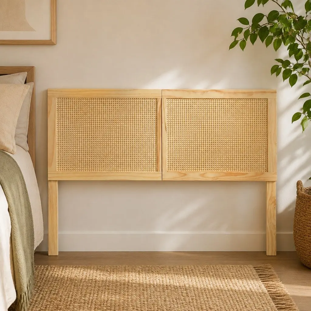 Queen Bed Headboard Rattan Pine Natural Rustic Boho Style Easy Assembly