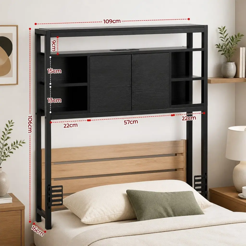 King Single Bed Headboard Black with Storage Compartment and Charging Station