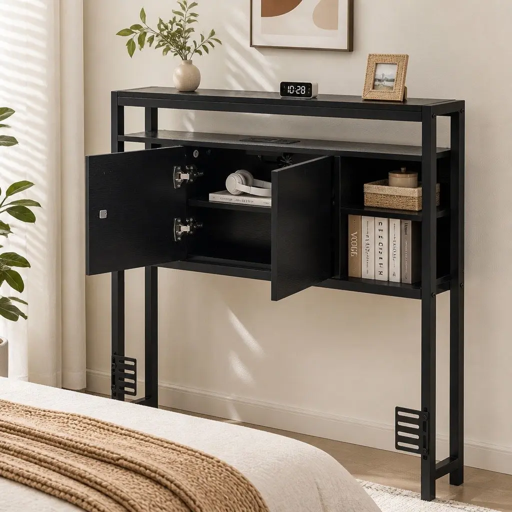 King Single Bed Headboard Black with Storage Compartment and Charging Station