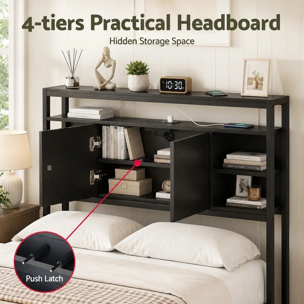 King Single Bed Headboard Black with Storage Compartment and Charging Station
