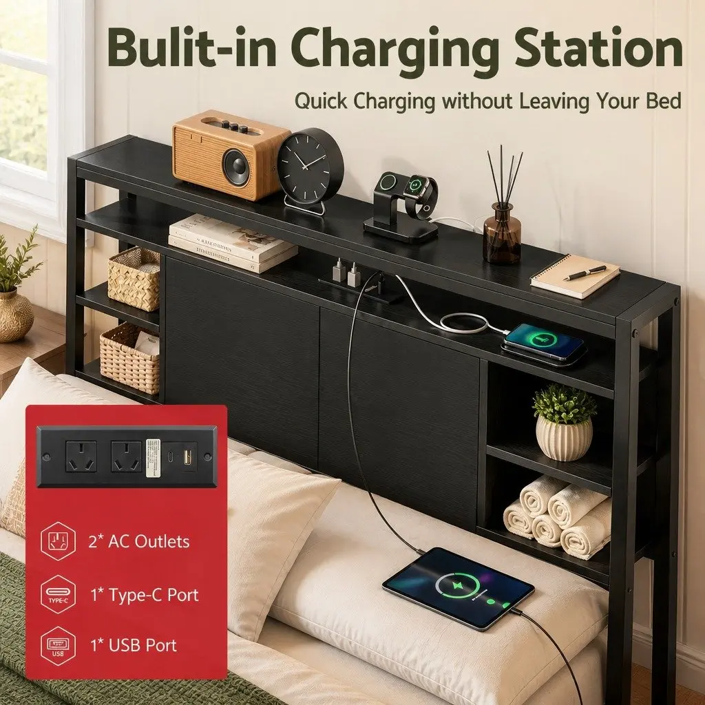 King Single Bed Headboard Black with Storage Compartment and Charging Station