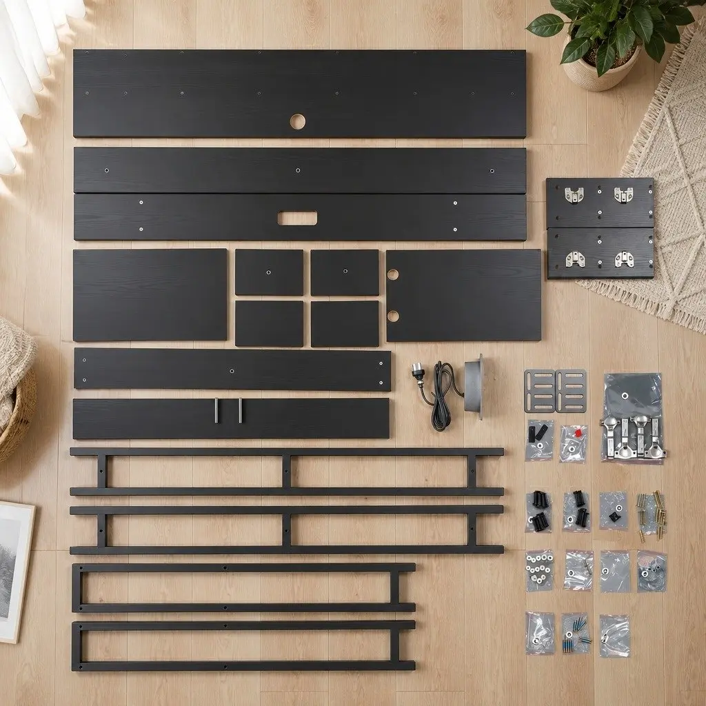 King Single Bed Headboard Black with Storage Compartment and Charging Station
