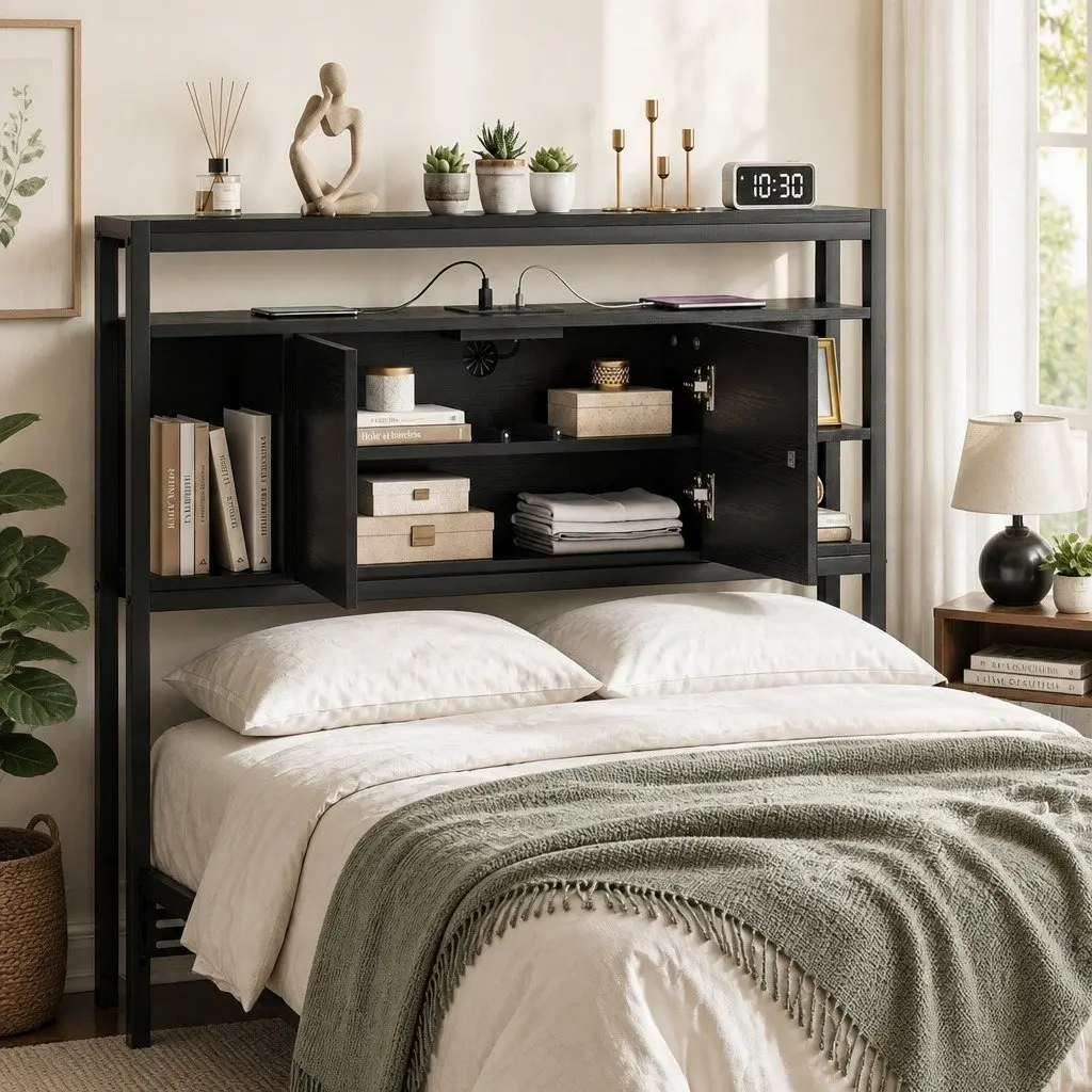 King Single Bed Headboard Black with Storage Compartment and Charging Station