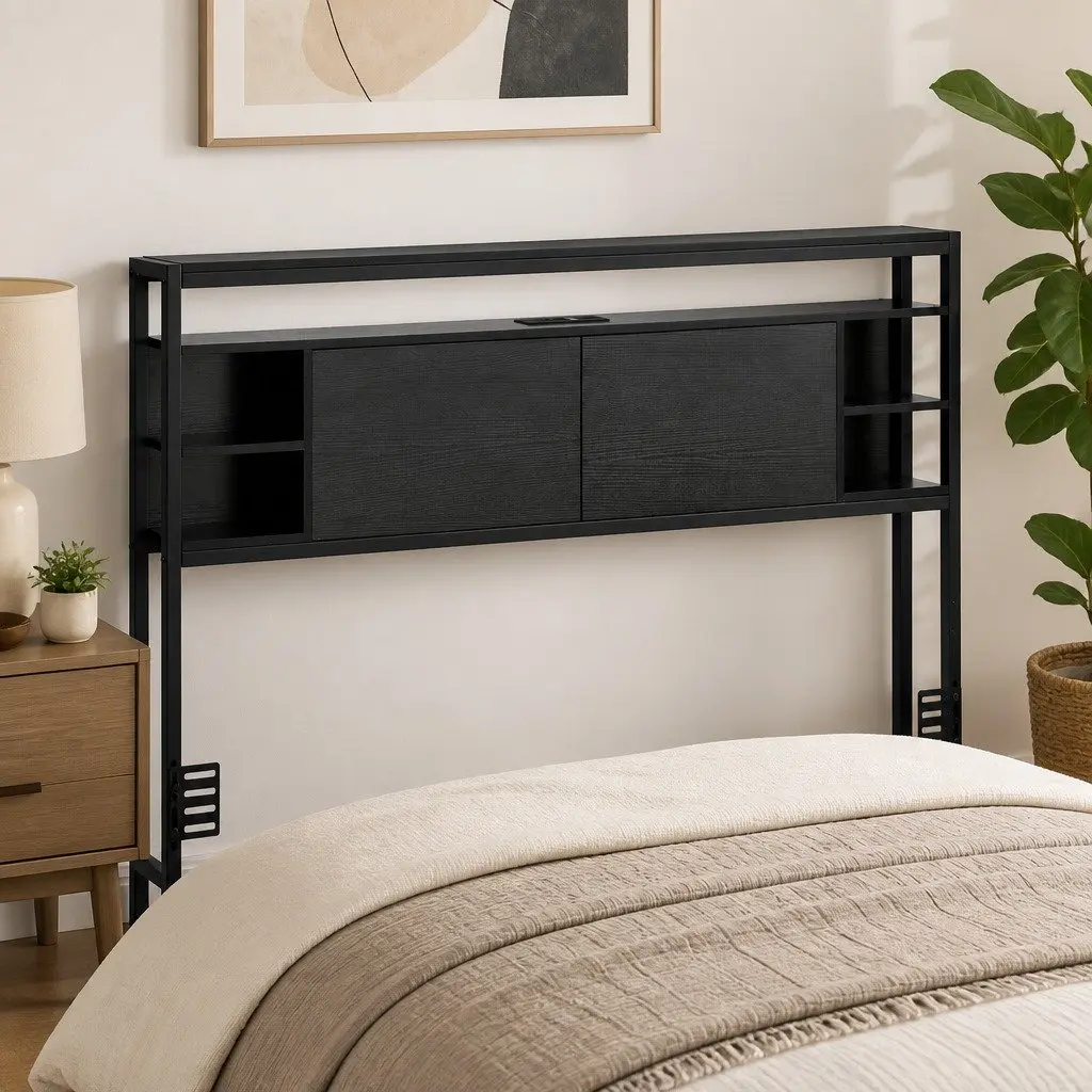 Queen Bed Headboard with Storage and Charging Station