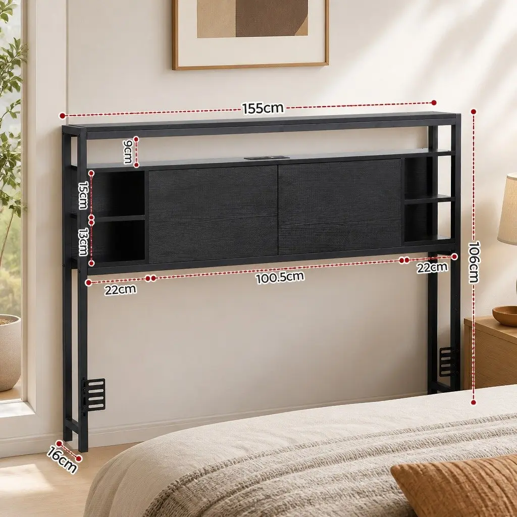 Queen Bed Headboard Black Storage with Charging Station Open Shelves MDF and Metal