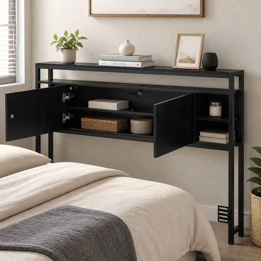 Queen Bed Headboard Black Storage with Charging Station Open Shelves MDF and Metal
