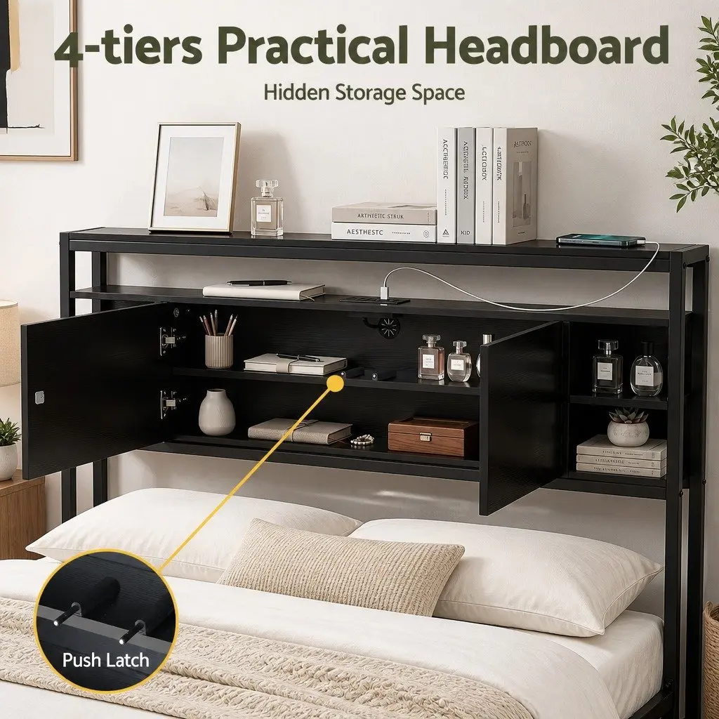Queen Bed Headboard Black Storage with Charging Station Open Shelves MDF and Metal
