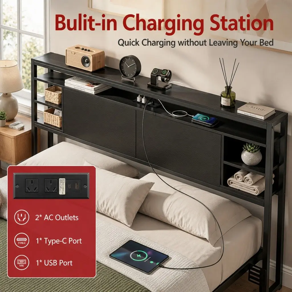 Queen Bed Headboard Black Storage with Charging Station Open Shelves MDF and Metal