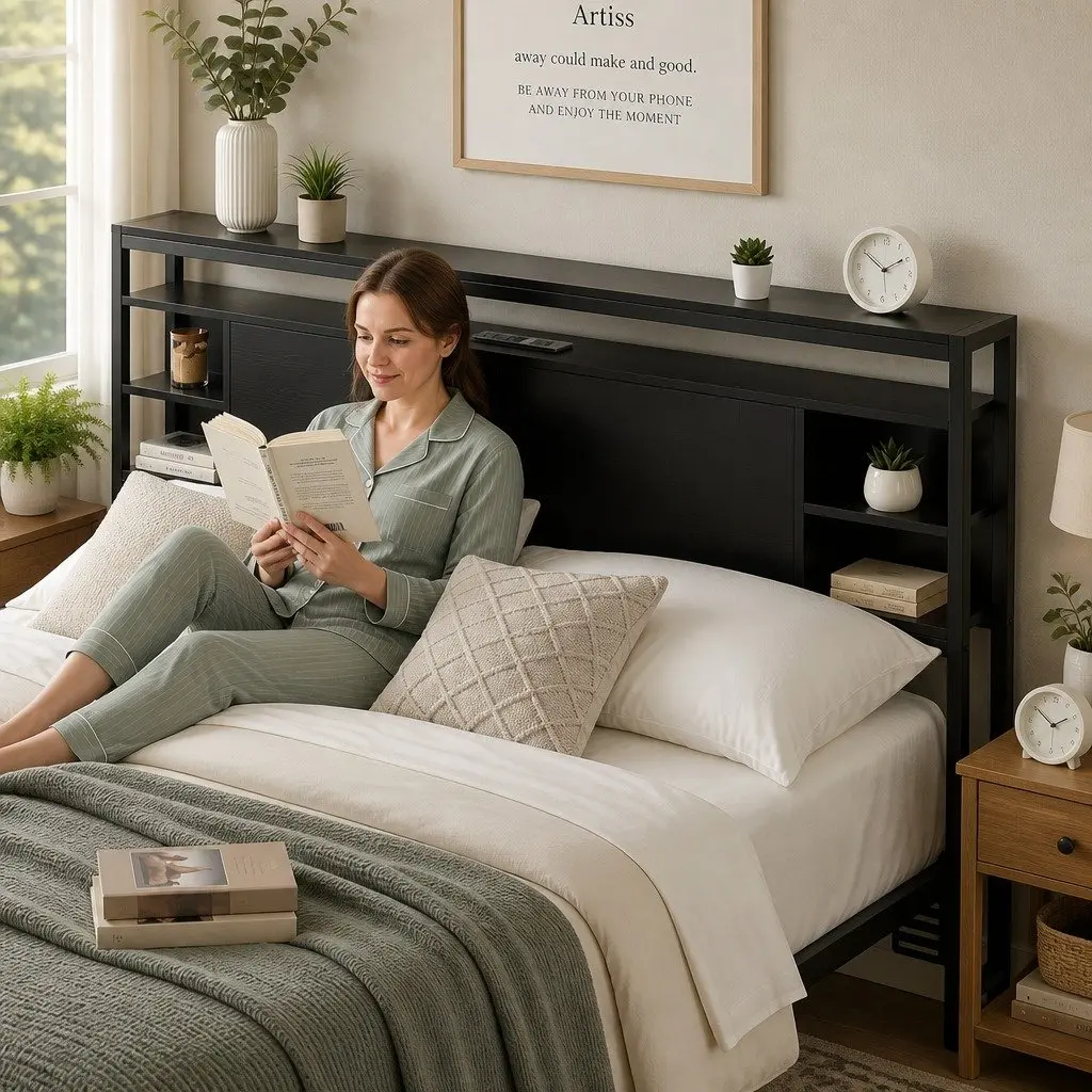 Queen Bed Headboard Black Storage with Charging Station Open Shelves MDF and Metal