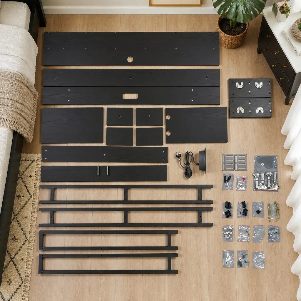 Queen Bed Headboard Black Storage with Charging Station Open Shelves MDF and Metal