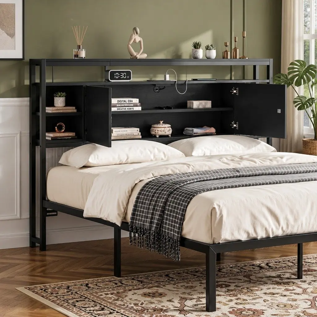 Queen Bed Headboard Black Storage with Charging Station Open Shelves MDF and Metal