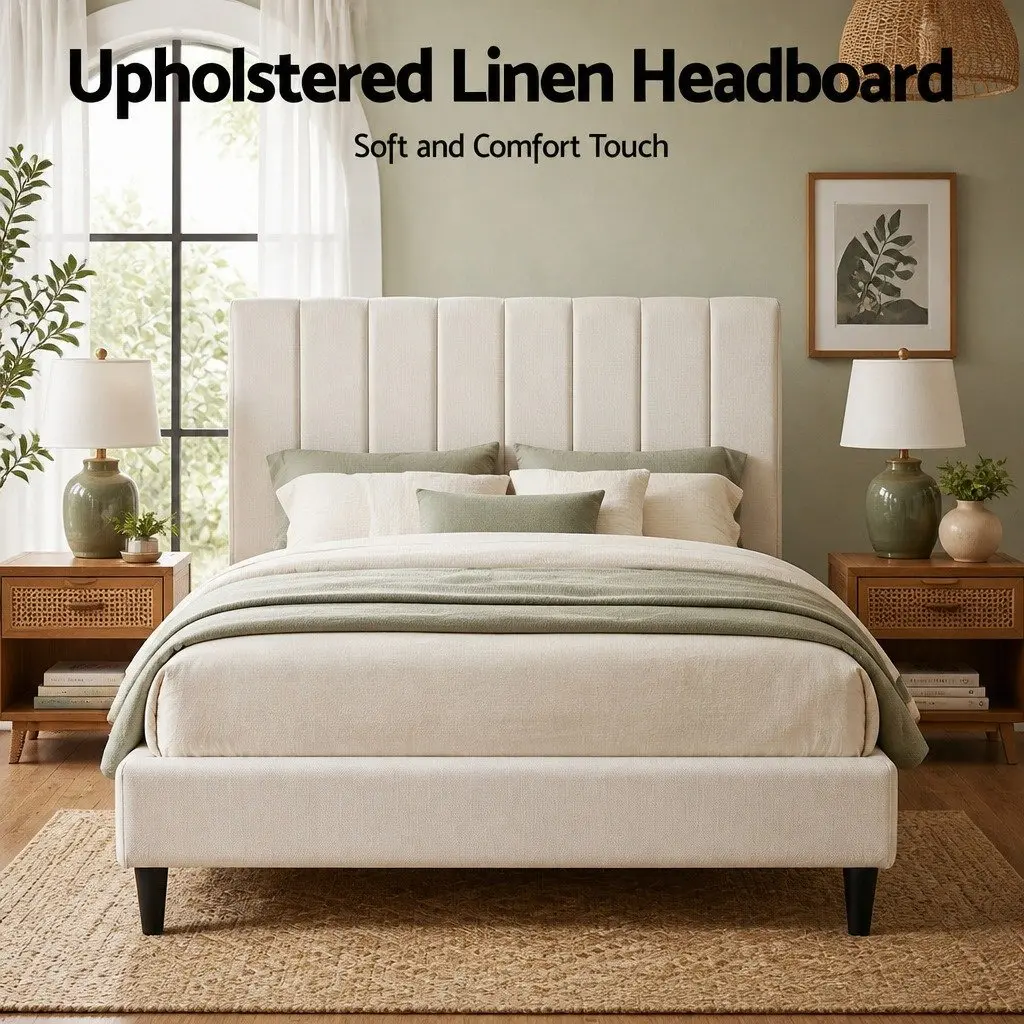 Double Bed Head Headboard Linen Fabric Beige Vertical Stripe Bedroom Furniture