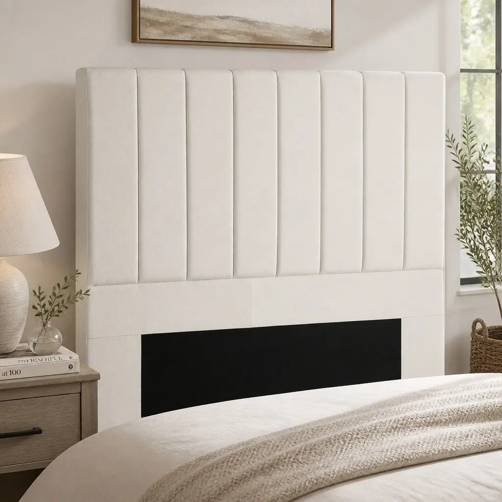Double Bed Head Headboard Linen Fabric Beige Vertical Stripe Bedroom Furniture