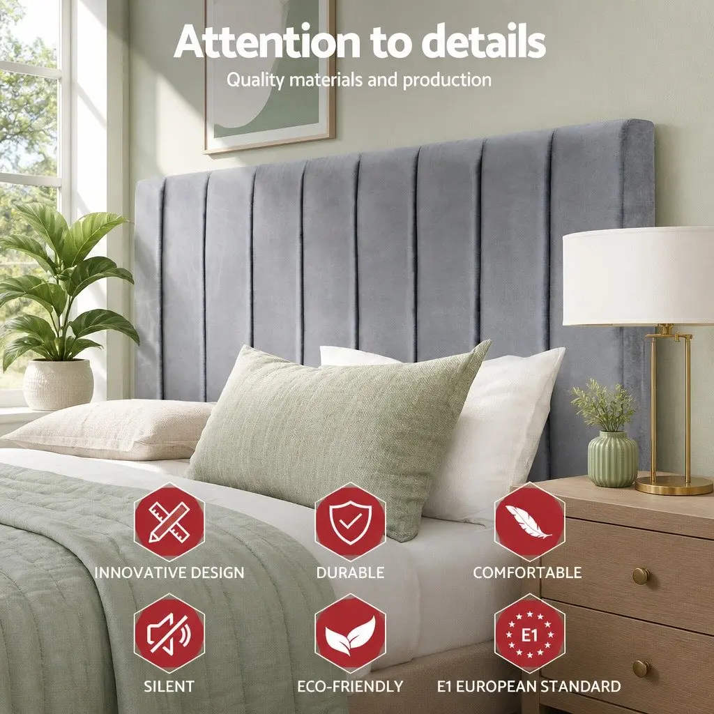 Double Bed Head Velvet Headboard Grey Bedroom Upholstered Vertical Panel