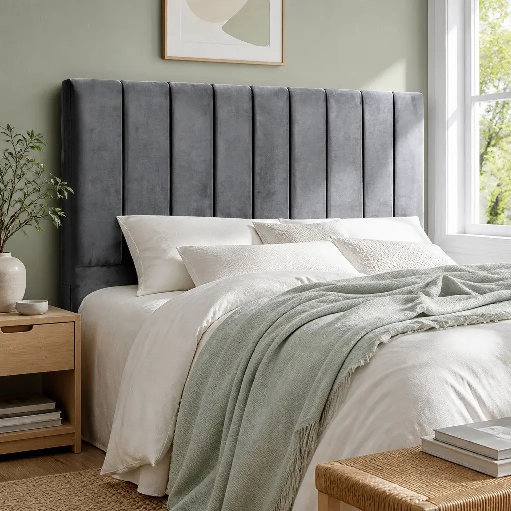Double Bed Head Velvet Headboard Grey Bedroom Upholstered Vertical Panel