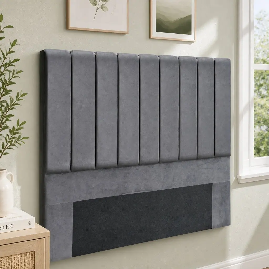 Double Bed Head Velvet Headboard Grey Bedroom Upholstered Vertical Panel