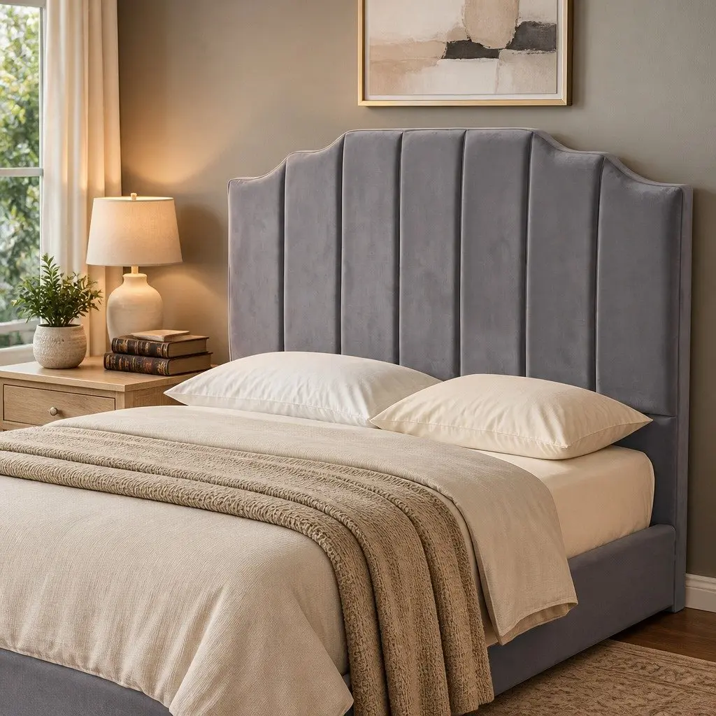 Grey Velvet Art Deco Double Bed Headboard 138cm