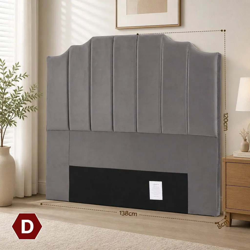 Double Bed Headboard 138cm Grey Velvet Art Deco Vertical Stripe Design