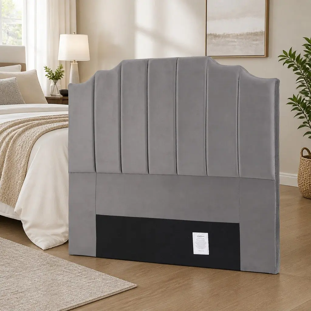 Double Bed Headboard 138cm Grey Velvet Art Deco Vertical Stripe Design
