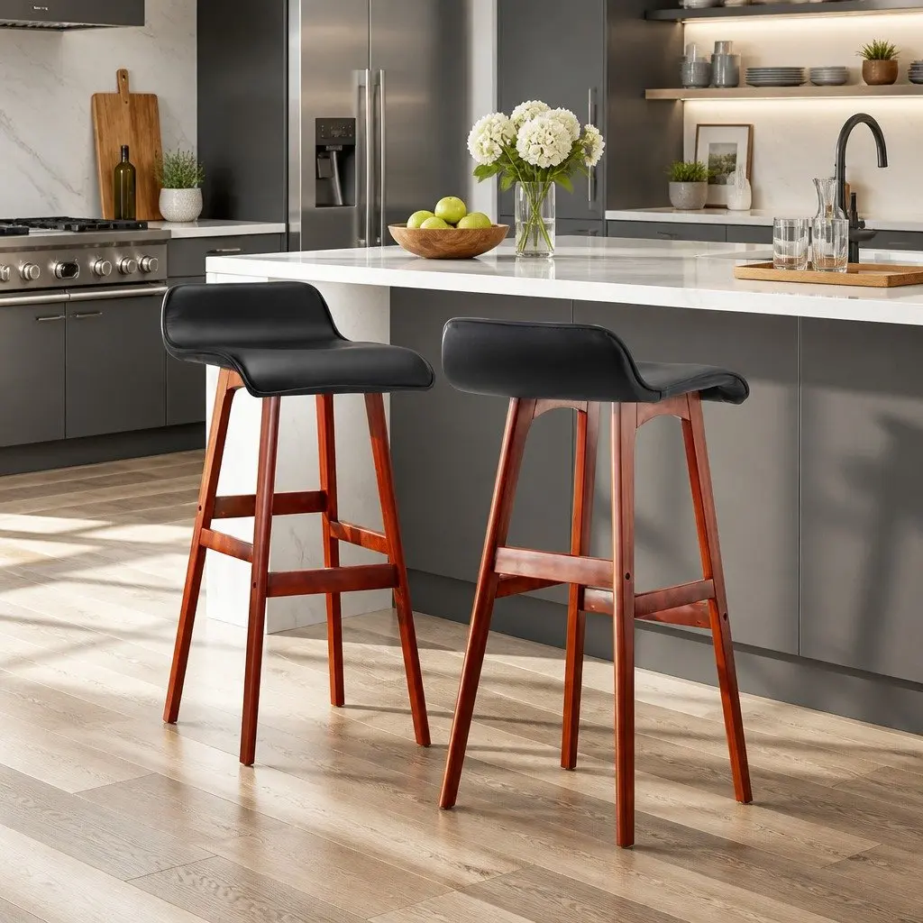 Bar Stools Bentwood Black 2 Piece PU Leather Upholstered Seat Plywood Base