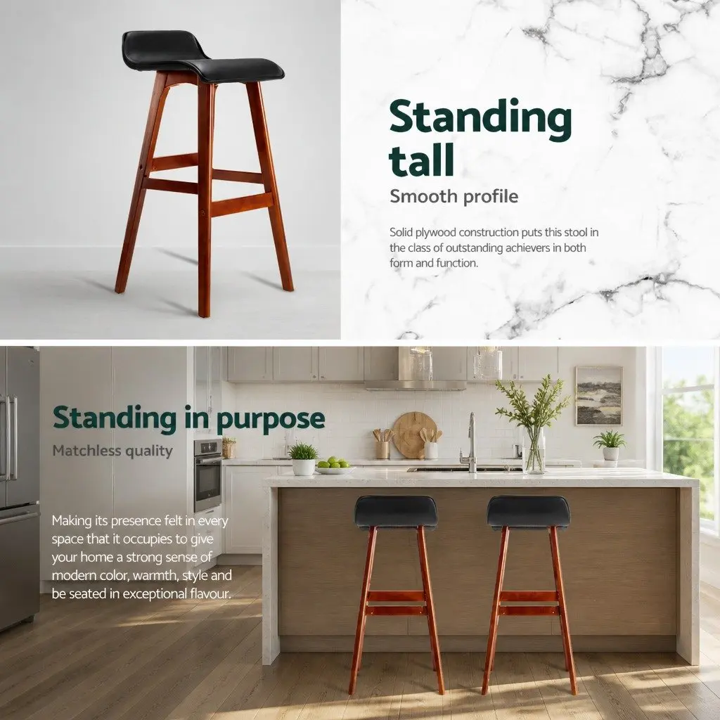 Bar Stools Bentwood Black 2 Piece PU Leather Upholstered Seat Plywood Base