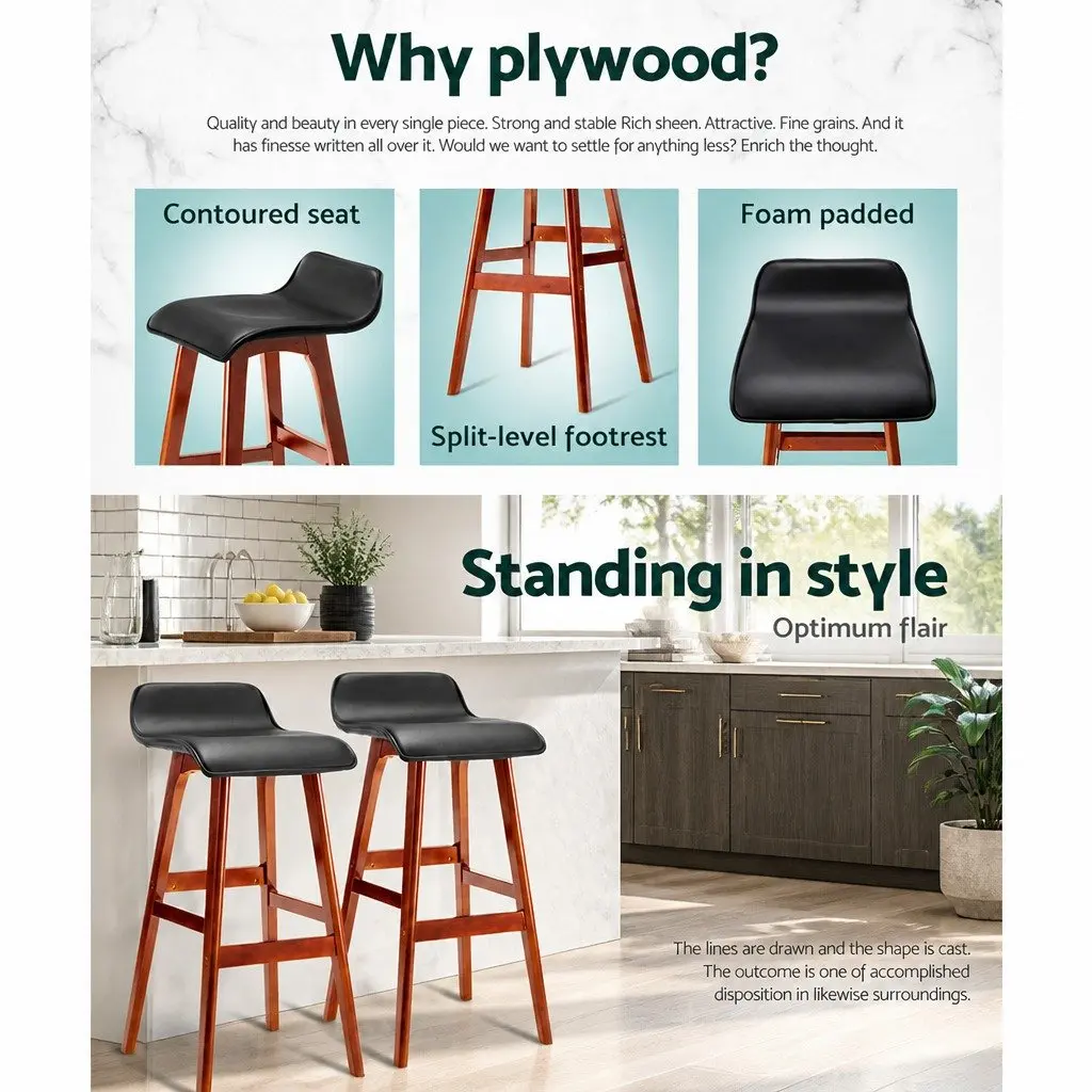 Bar Stools Bentwood Black 2 Piece PU Leather Upholstered Seat Plywood Base