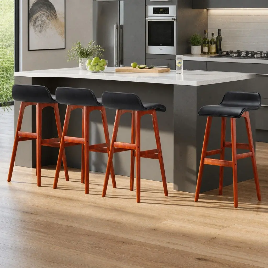 Bar Stools Bentwood Black 74cm PU Leather Padded Seat