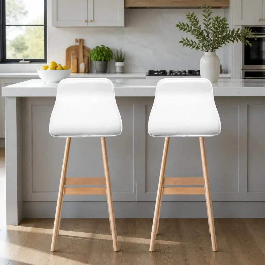 Bar Stools White Set of 2 PU Leather Padded Seat Bentwood Frame