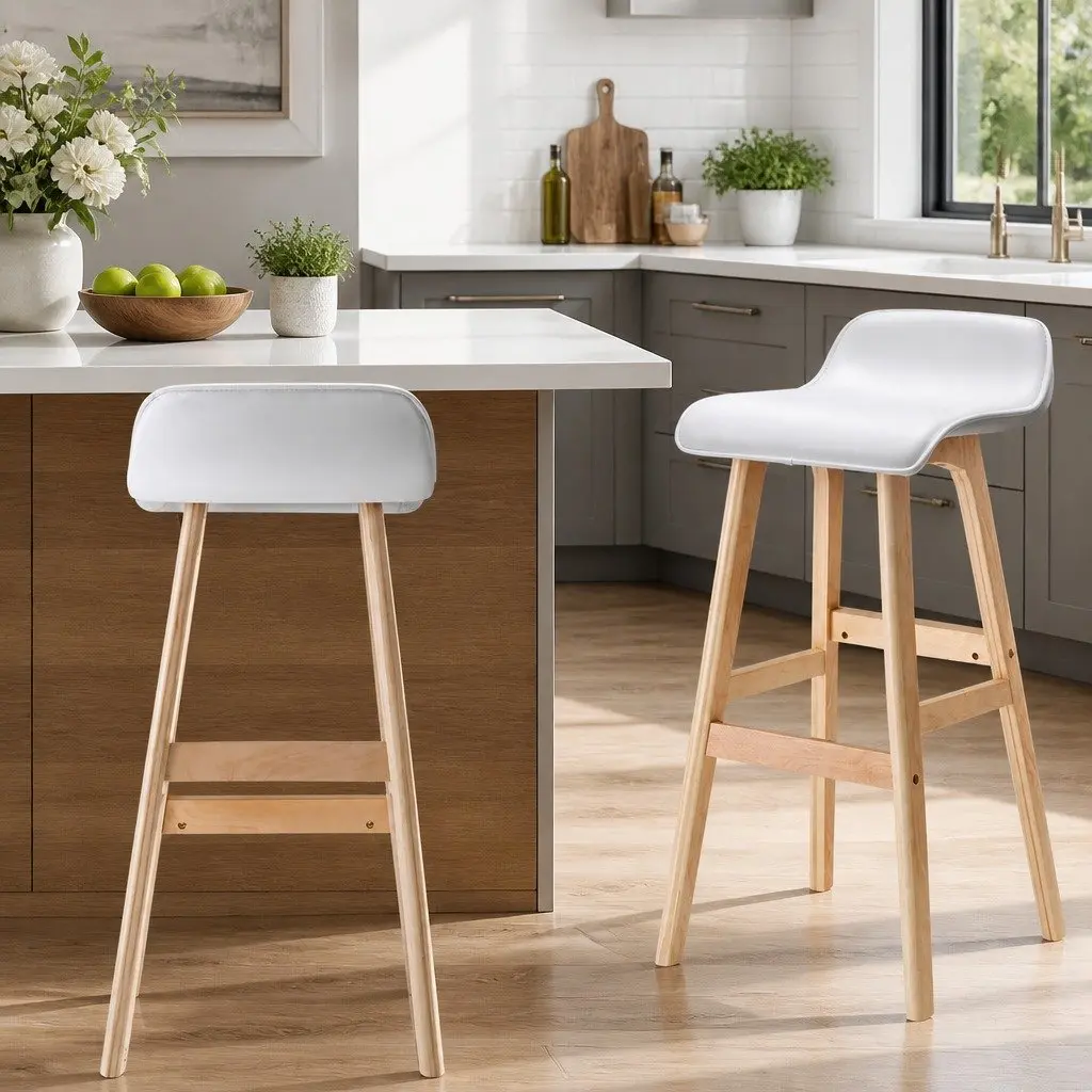 Bar Stools White Set of 2 PU Leather Padded Seat Bentwood Frame