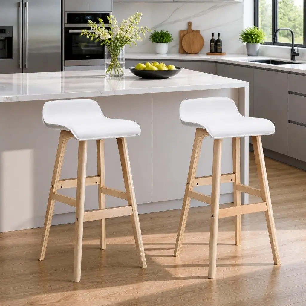 Bar Stools White Set of 2 PU Leather Padded Seat Bentwood Frame