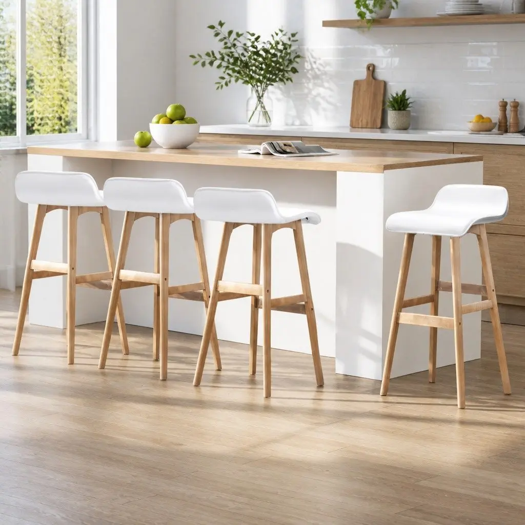 Set of 4 White Wooden Bar Stools with Padded Seats