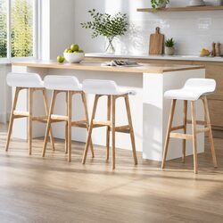 Set of 4 White Wooden Bar Stools with Padded Seats