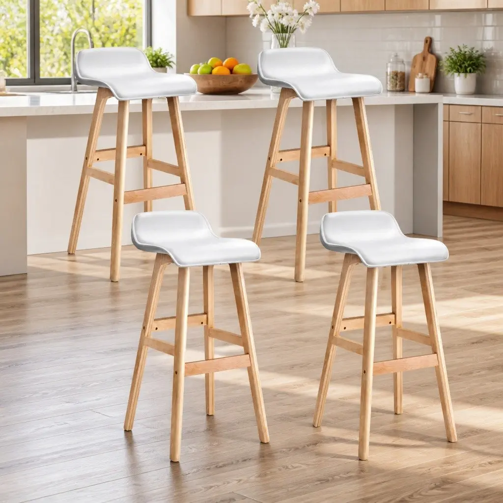 Set of 4 White Wooden Bar Stools with Padded Seats