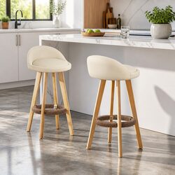 Bar Stools Padded Leather Wooden Beige Swivel 360 Degree Footrest Comfortable