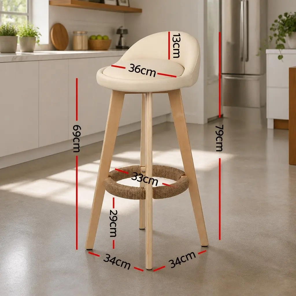 Bar Stools Padded Leather Wooden Beige Swivel 360 Degree Footrest Comfortable