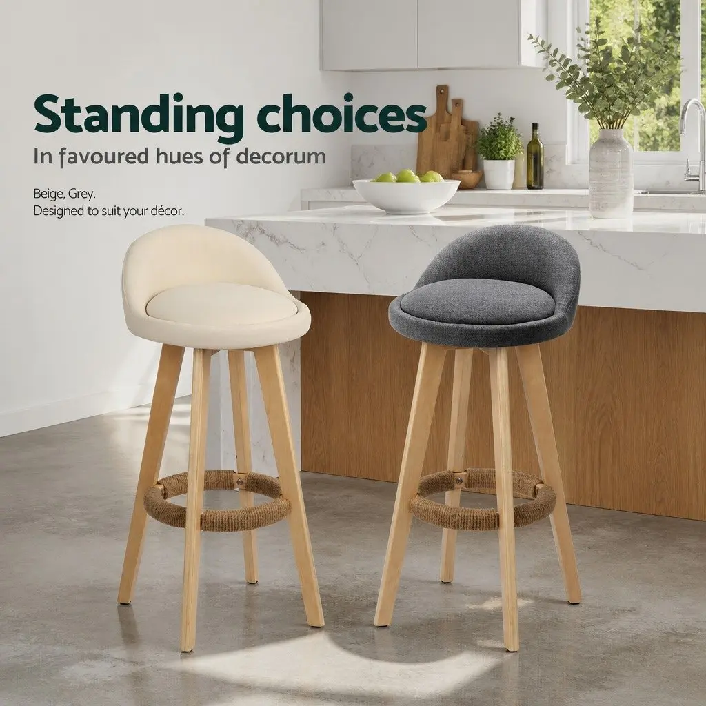 Bar Stools Padded Leather Wooden Beige Swivel 360 Degree Footrest Comfortable