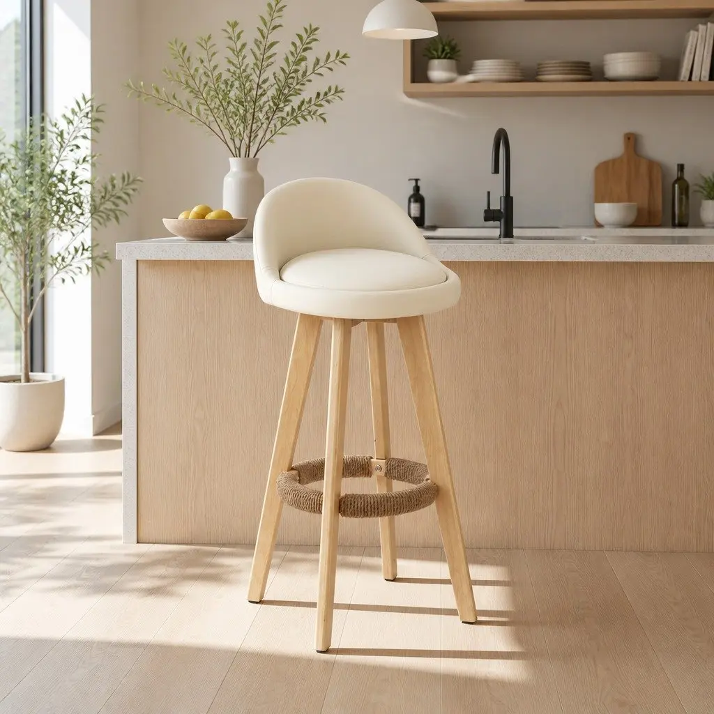Bar Stools Set of 4 Padded Seat Wooden Frame Beige Dining Kitchen Counter Height